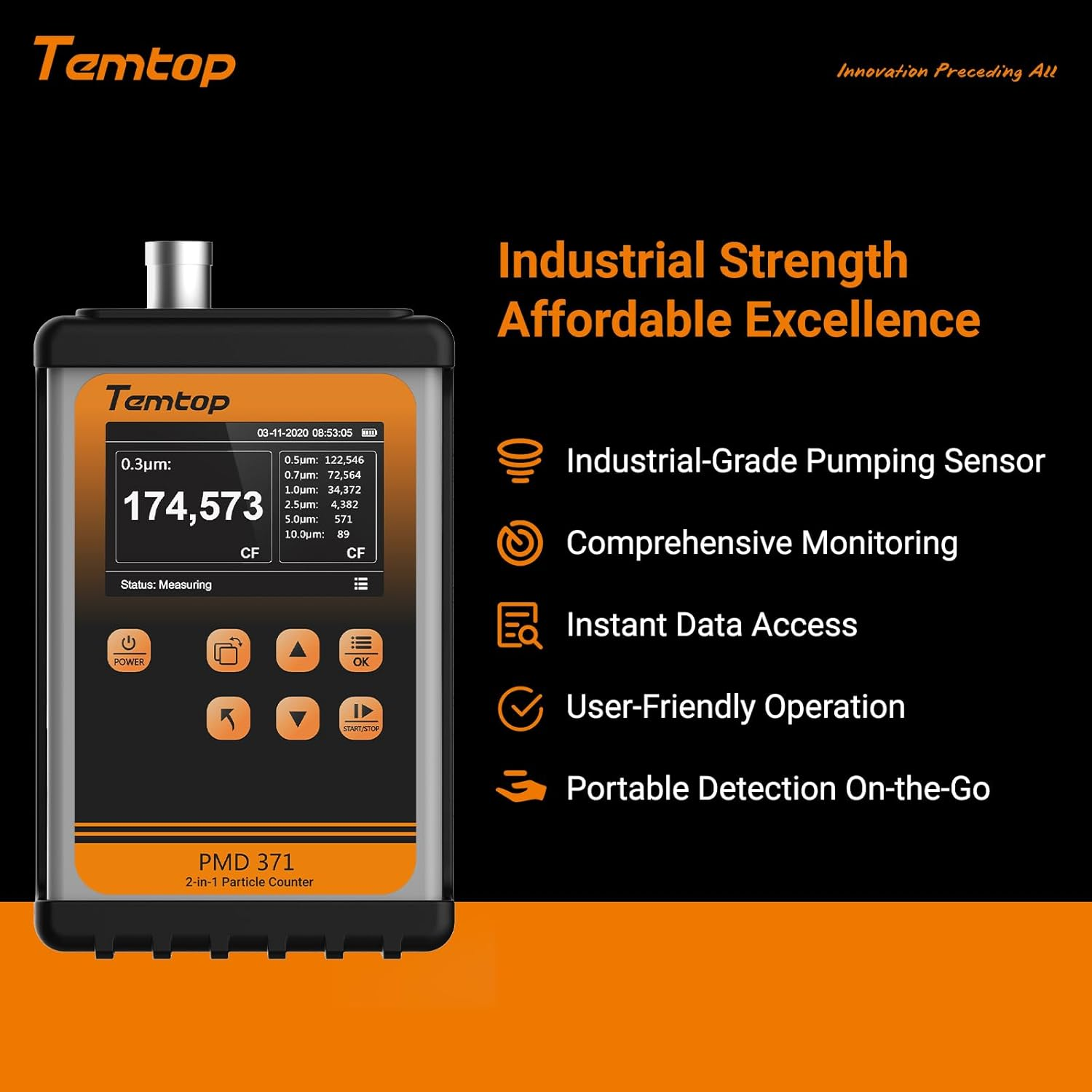 Temtop PMD 371 Portable Dust Monitor Handheld Air Particle Counter Commercial-grade Air Quality Assessments, Data Export