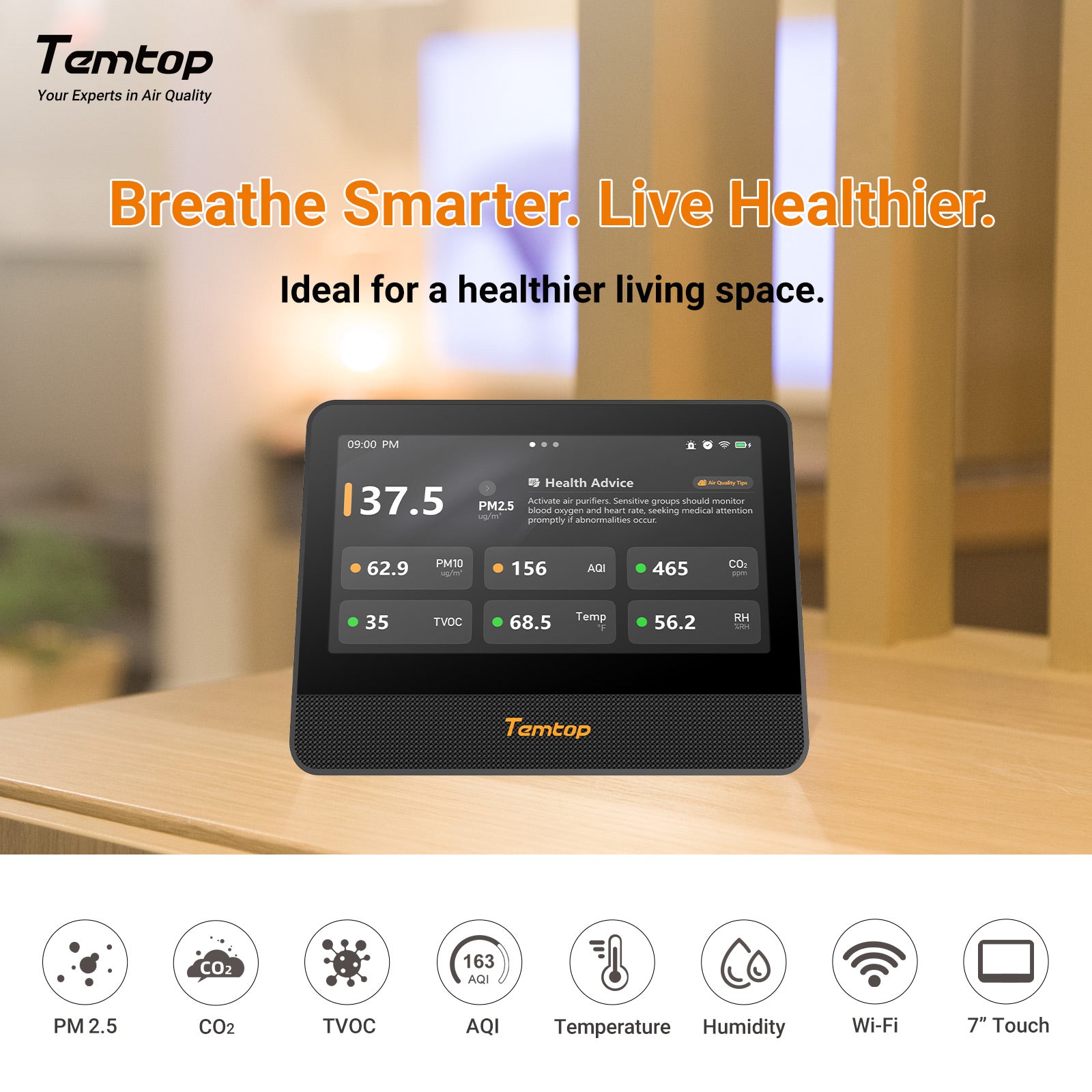 Temtop M100 2nd WiFi Air Quality Monitor – 7” Touch Screen Indoor CO2, PM2.5, PM10, TVOC, Temperature & Humidity Detector, Smart Multi-Room Air Analyzer with LoRa Expansion
