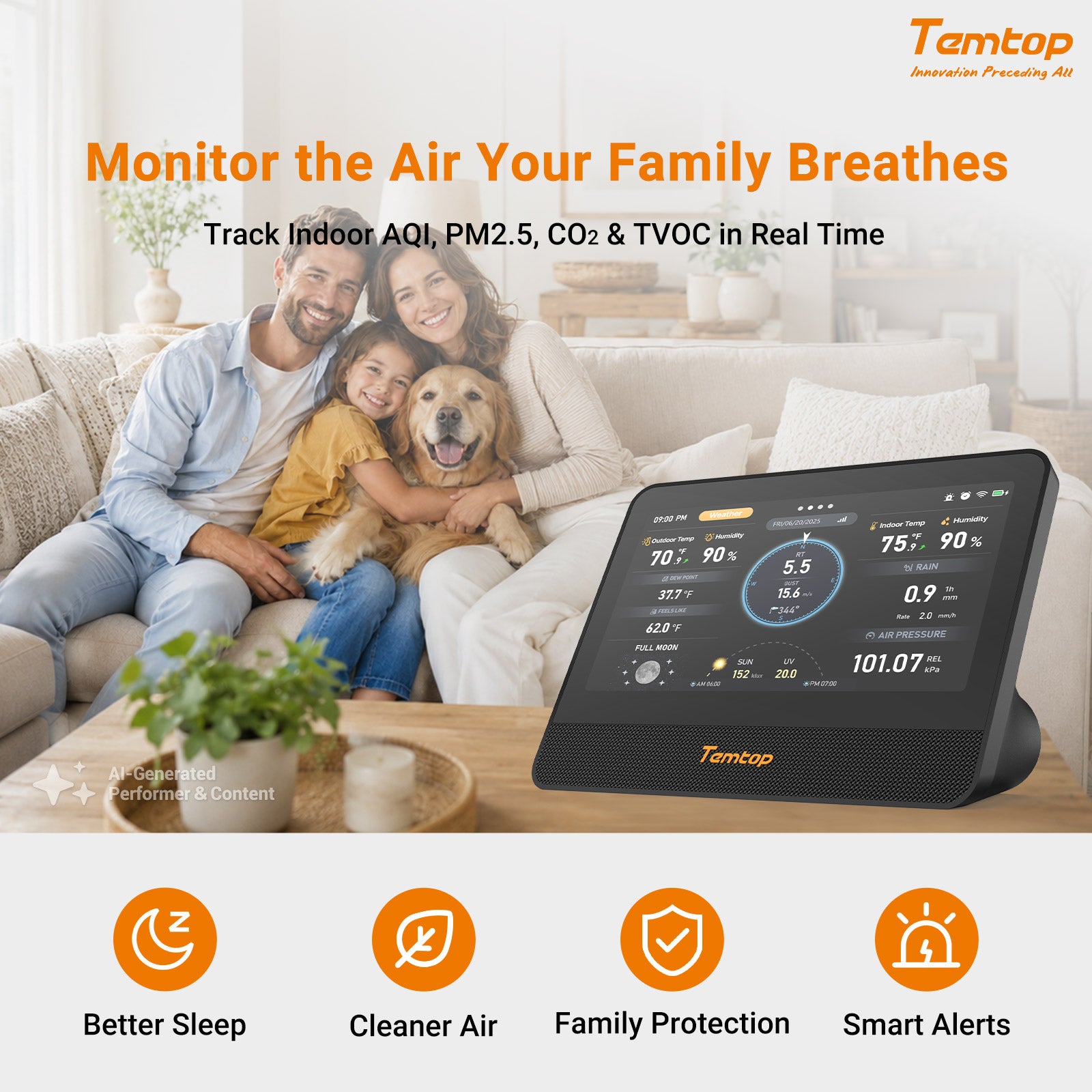 Temtop W100 WiFi Weather Station with Air Quality Monitor, 7" Touchscreen Indoor Outdoor Weather Station, PM2.5/PM10/CO2/TVOC Monitor, Rain Gauge, Wind Speed & Direction, UV, AQI Forecast