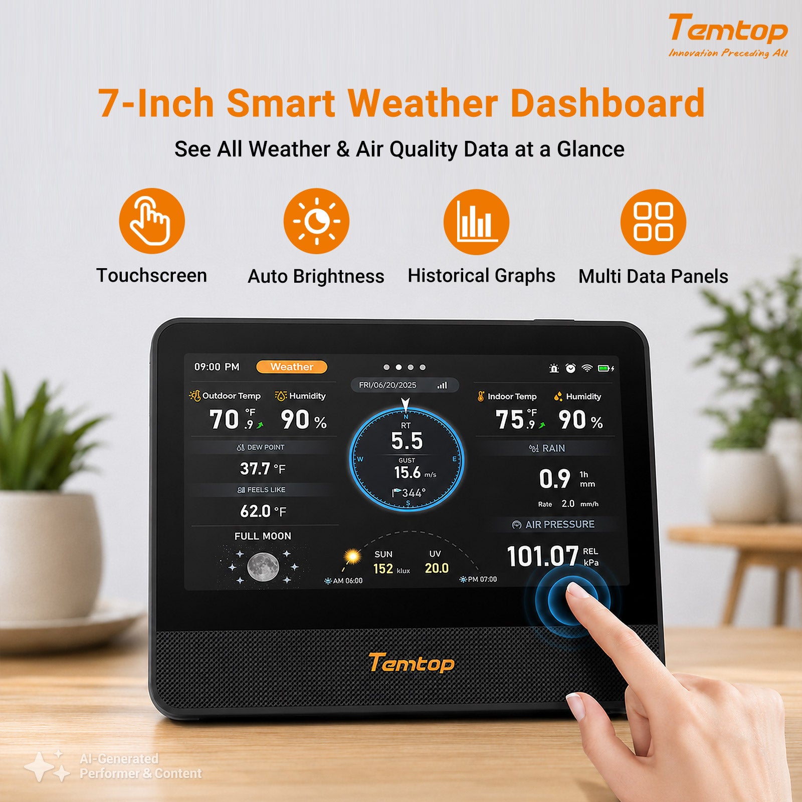 Temtop W100 WiFi Weather Station with Air Quality Monitor, 7" Touchscreen Indoor Outdoor Weather Station, PM2.5/PM10/CO2/TVOC Monitor, Rain Gauge, Wind Speed & Direction, UV, AQI Forecast