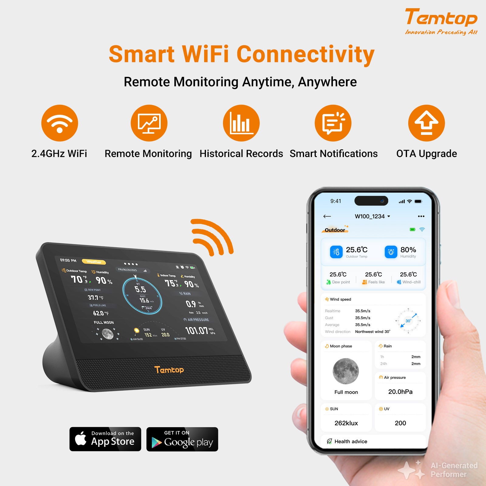 Temtop W100 WiFi Weather Station with Air Quality Monitor, 7" Touchscreen Indoor Outdoor Weather Station, PM2.5/PM10/CO2/TVOC Monitor, Rain Gauge, Wind Speed & Direction, UV, AQI Forecast