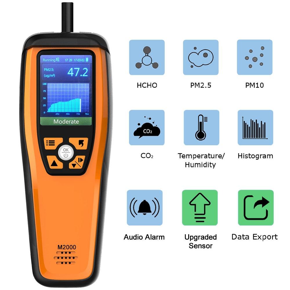 Temtop M2000 2nd Generation CO2 Monitor co2 meter Air Quality Monitor for PM2.5 PM10 Particles CO2 HCHO Temperature Humidity Settable Audio Alarm Data Export Recording Curve Easy Calibration air quality monitor for home- Temtop